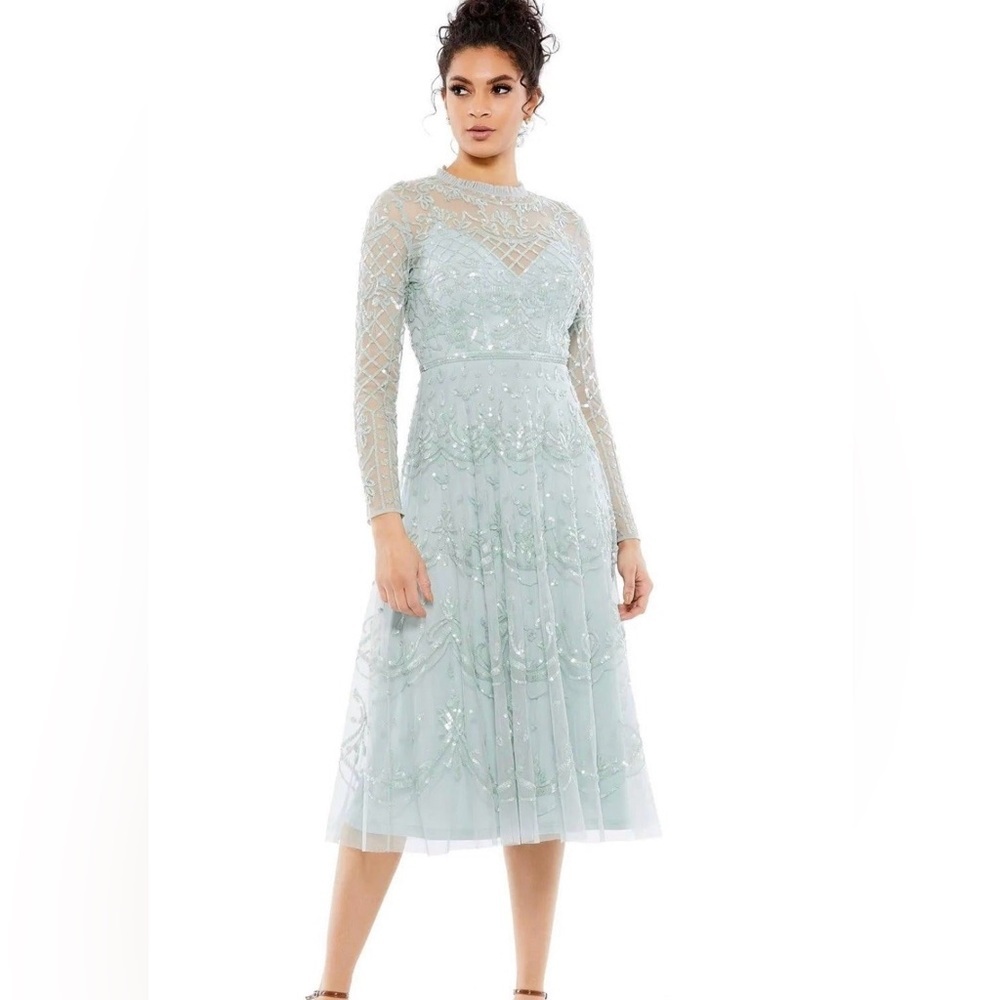 Mac Duggal Illusion high neck light Green Long Sleeve Midi Dress
